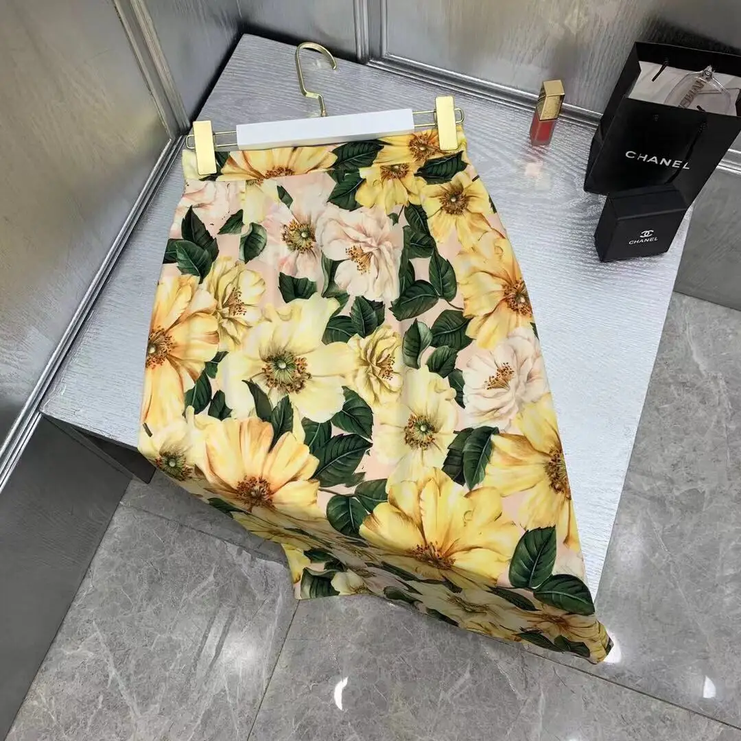 

Luxury 100% Silk Skirts for Women Summer 2021 New Yellow Flower Print Fashion Skirts Elegant Lady High Waist Slim Wrap Skirts