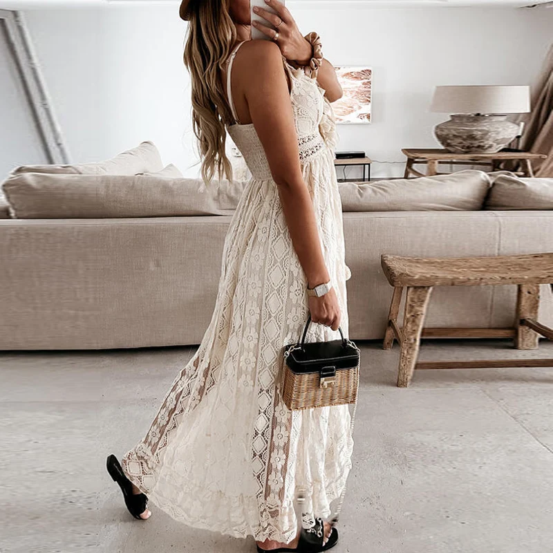 

2021 Women Sexy V Neck Tassel Long Dress Summer Sleeveless Off Shoulder Party Dress Elegant Hollow Out Crochet Lace Beach Dress