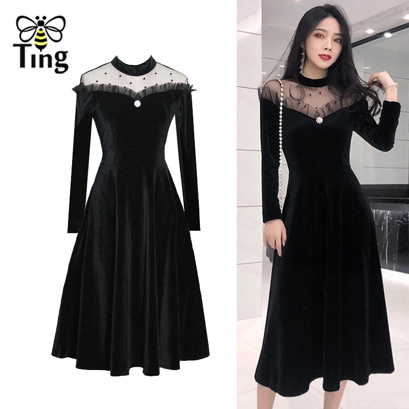 Tingfly винтажное сетчатое женское милое элегантное платье осенне-зимнее черное