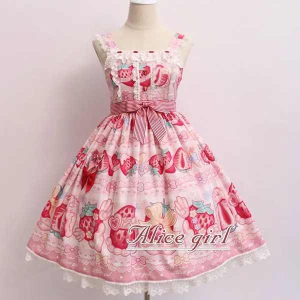 Крем и клубника~ сладкий Лолита печатных JSK платье w. Значок от Alice Girl~ предварительный заказ