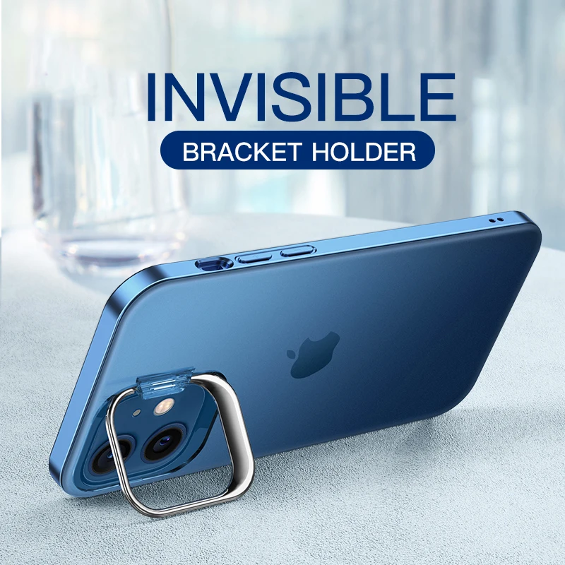 

Luxury Ultra Thin Metal Kickstand Phone Case For iPhone 12 12 Pro 11 Pro Max Hard PC Shockproof Clear Cover Funda Coque Holder
