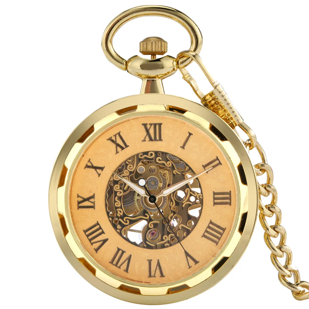 Classic Roman Numerals Gold Mechanical Pocket Watch Hand Winding Pendant Clock Transparent Open Face Pocket Retro Timepiece Male