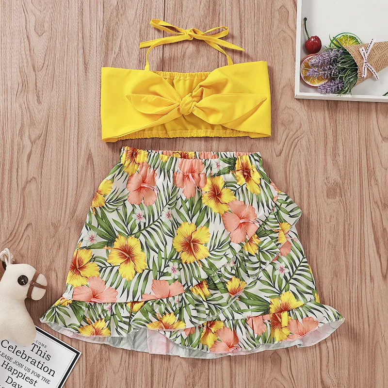 Летний желтый укороченный топ с лямкой на шее для малышей юбка цветочным