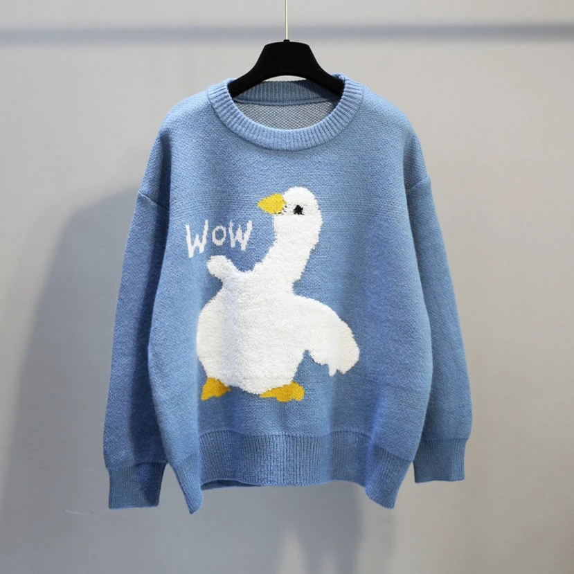 Мужской вязаный свитер с круглым вырезом и мультяшным рисунком утки гуся |