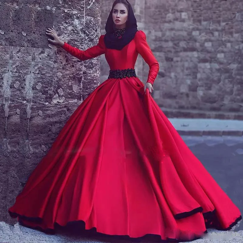 

Muslim Long Sleeves Ball Gown High Neck Satin Wedding Dress Bridal Gown With Court Train Formal Prom Vestido de Noiva