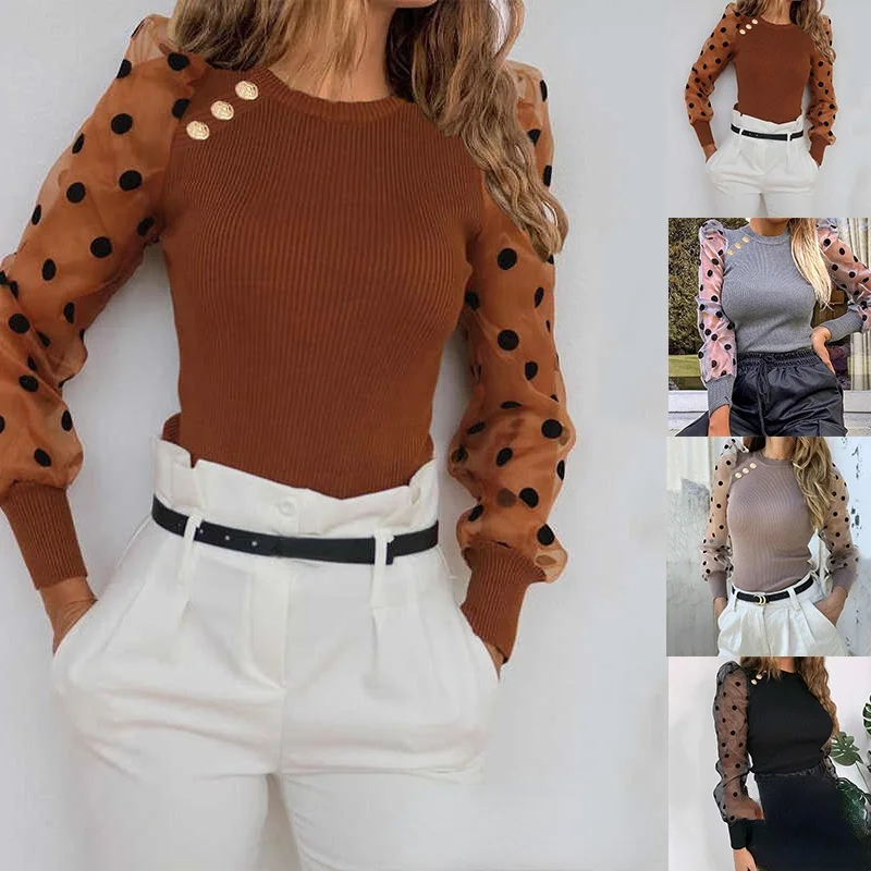Maglione sottile donna solido Polka Dot Puff manica lunga camicetta autunno Casual o-collo Skinny top eleganti pullover moda donna