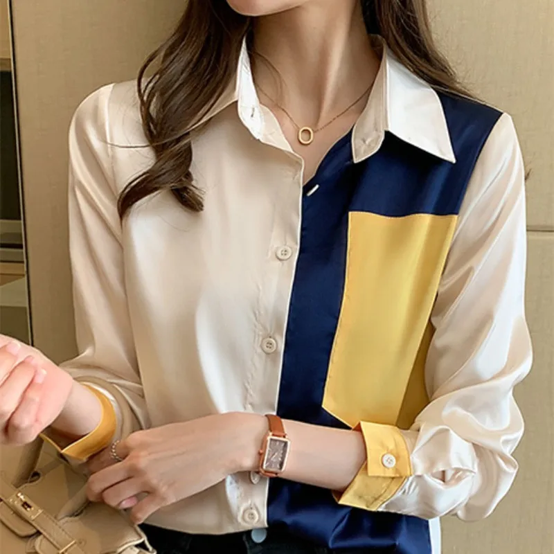 

Korean Women Shirts Silk Blouses for Women Long Sleeve Shirts Tops Woman Patchwork Blouses Plus Size Woman Satin Blouse Shirt