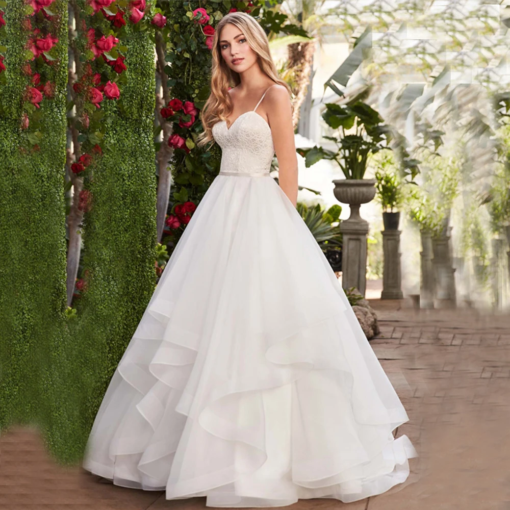 

Elegant Spaghetti Straps Wedding Dress A-Line Sweetheart Sleeveless Backless Sweep Train 2021 Bride Gowns Vestido De Noiva