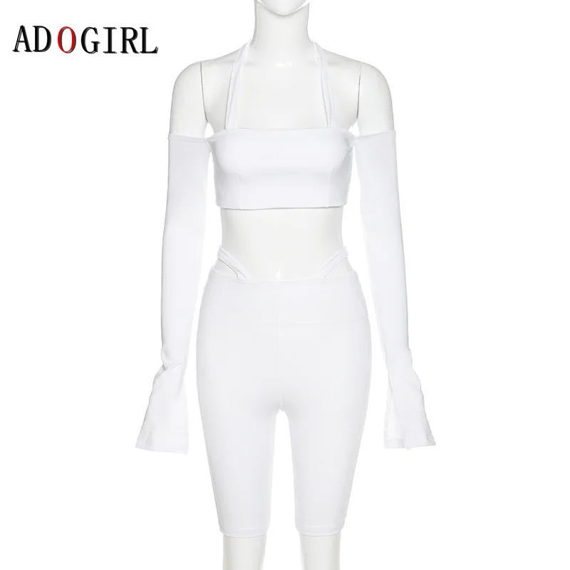 

Adogirl Sexy Women Tracksuit Flare Sleeve Crop Top + Biker Shorts 2 Piece Set Fashion Streetwear Outfits Summer Clothes Black