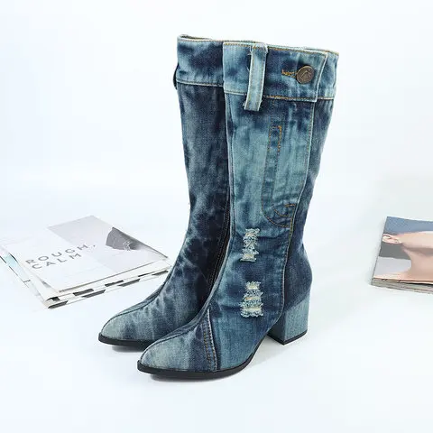 Nice Winter Women Boots Denim Stiletto Shoes Casual Square Heel Leather Round Toe Ladies Booties Mujer | Обувь