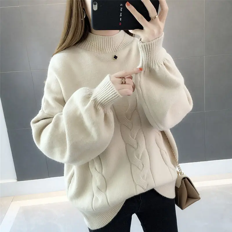 

Pink Sweater Winter Coat Women Long Sleeve Solid Short Loose Pullover Thickened Sweater Korean Casual Knit Sweater Women Autumn