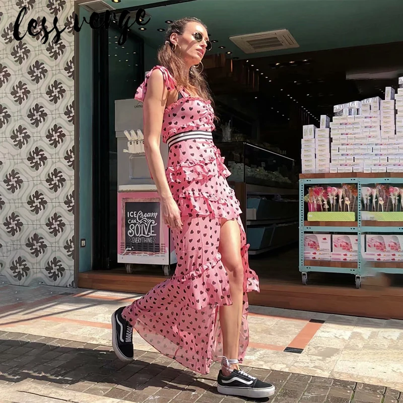 Женское шифоновое платье макси lessverge розовое длинное пляжное в полоску с