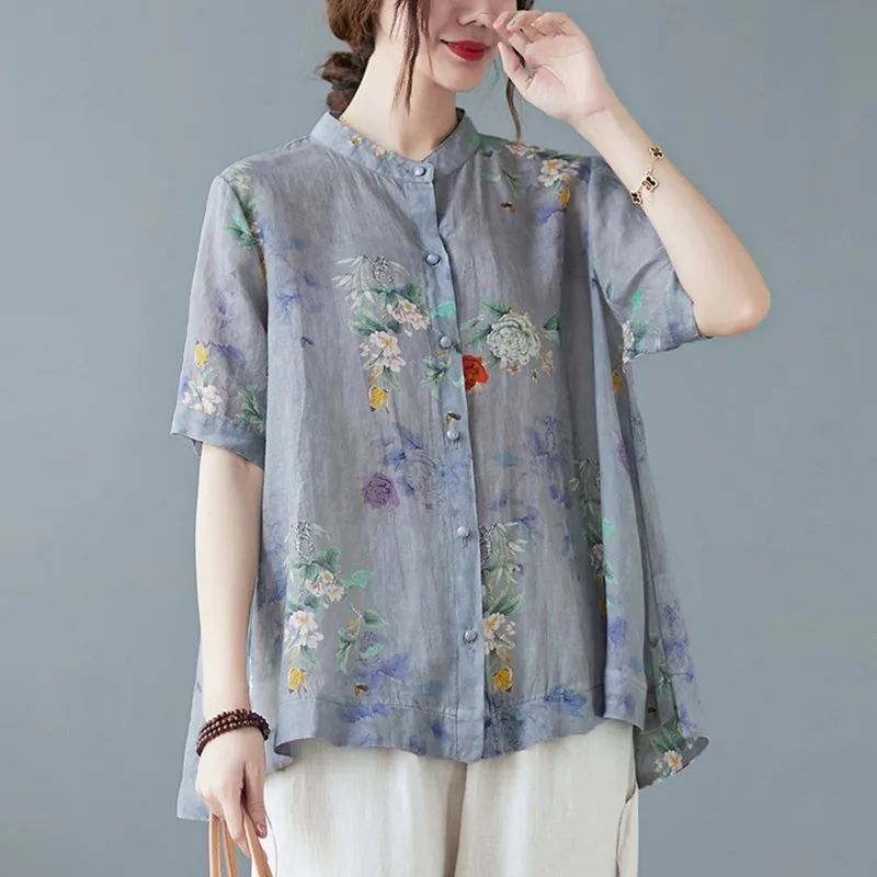 Рубашка женская повседневная из хлопка и льна с воротником-стойкой коротким