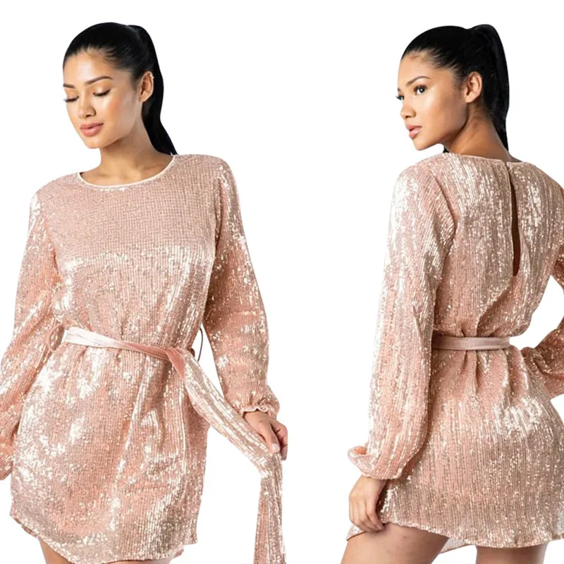 Брендовое модное женское платье с круглым вырезом и длинными рукавами блестками