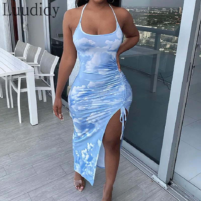 Women Tie Dye Print Drawstring Side Slit Halter Asymmetrical Dress