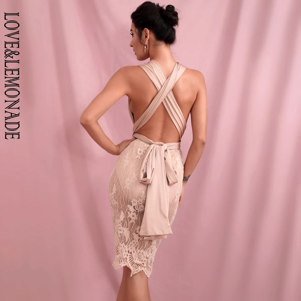 Сексуальное мини-платье LOVE &amp LEMONADE розовое золото с глубоким треугольным вырезом