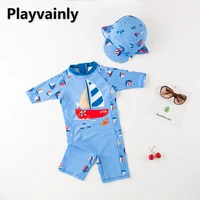 baby boys swimming wear blue sailing caroon one piece swimsuits with hat children fashion swimwear e71532