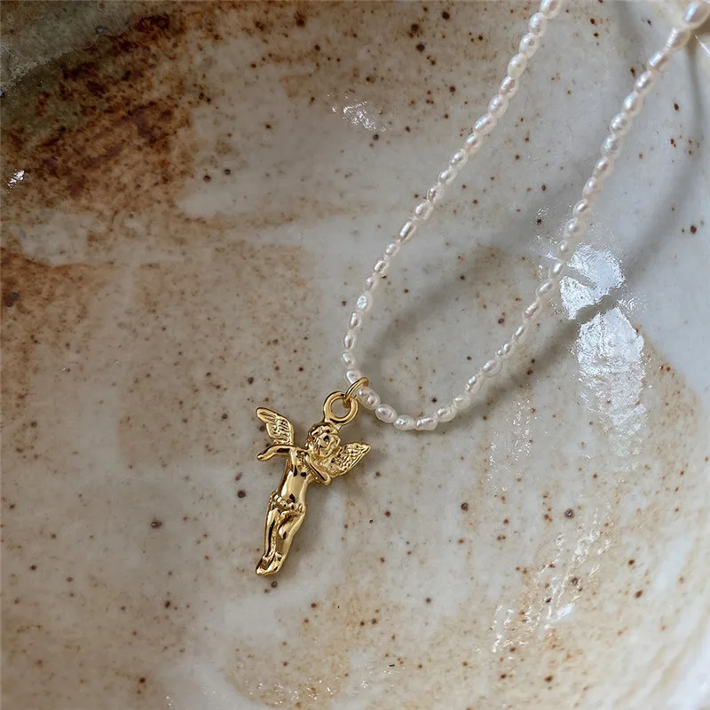 RUIYI Real 925 Sterling Silver Women Fashion 18K Gold Angel Charm Pearl Chain Chokers Girls Stylish Clavicalis Niche Necklaces | Украшения