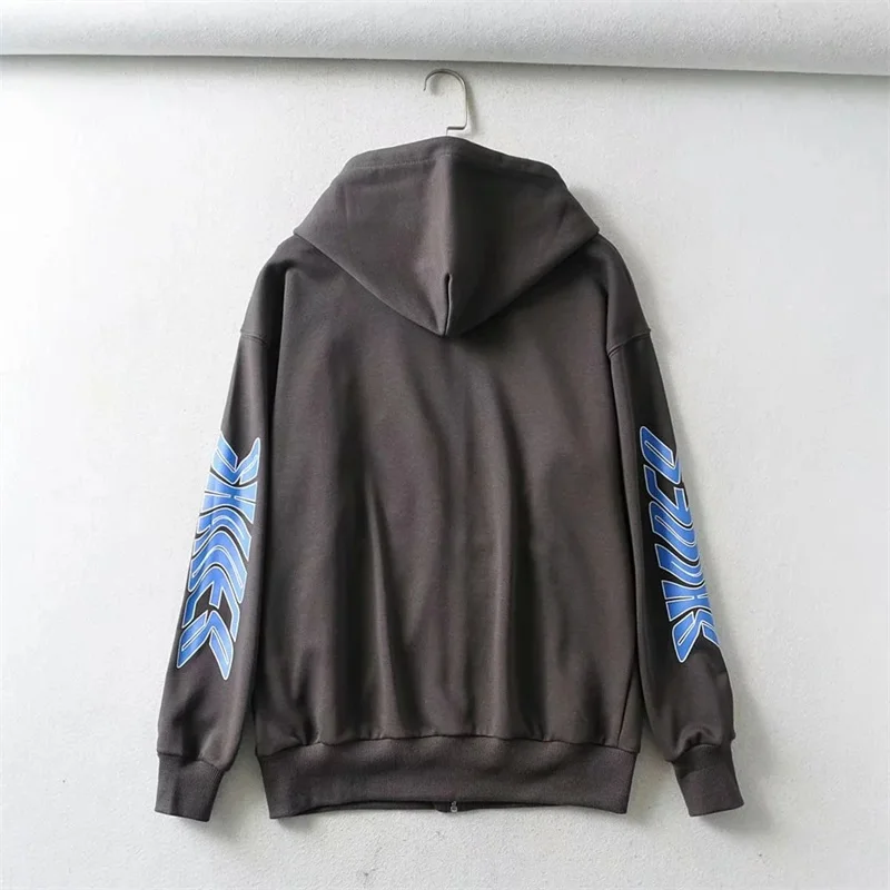 

Women Letter Print Organic Cotton Zip Through Hoodie In Dark Grey Oversized Zip Up Hooded Sweatshirt S030