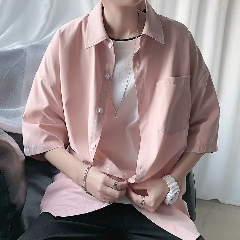

Summer New Style Men's Chest Pocket Short-sleeved Shirt Streetwear Korean Fashion Button Solid Color Shirt Harajuku Top
