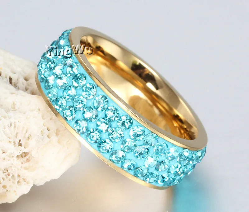 Yingwu Classic Wide Ring 3 Row Lines Stainless Steel Wedding for Women Gold Plated Blue Rhinestone Rings | Украшения и аксессуары
