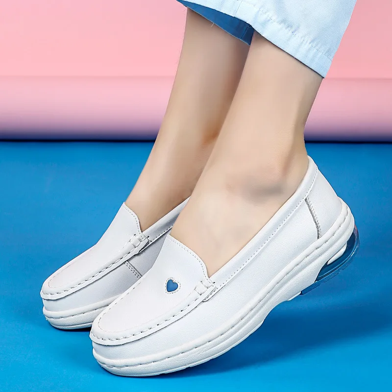 Thick Sole Genuine Leather Shoes Woman Flats Loafers Big Size 41 Casual Shoes Slip on Flat White Shoes for Women Nurse Shoe