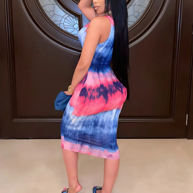 

2021 New Fashion Women Bodycon Midi Dress Sexy Sleeveless Tie Dye Print Hollow Out Woman Dress