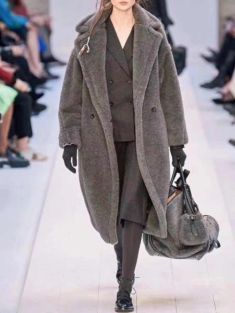 Классическое длинное меховое пальто с лацканами Тедди кашемировая шерстяная