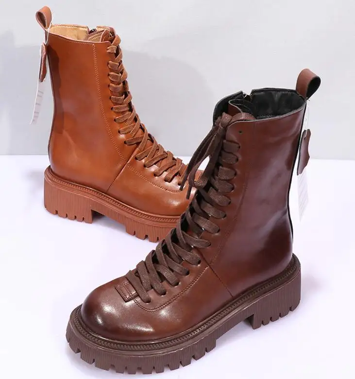 

Fashion Vintage Brown Short Boots Women Combat Boots Autumn Platform Gothic Shoes Top layer cowhide motorcycle boots