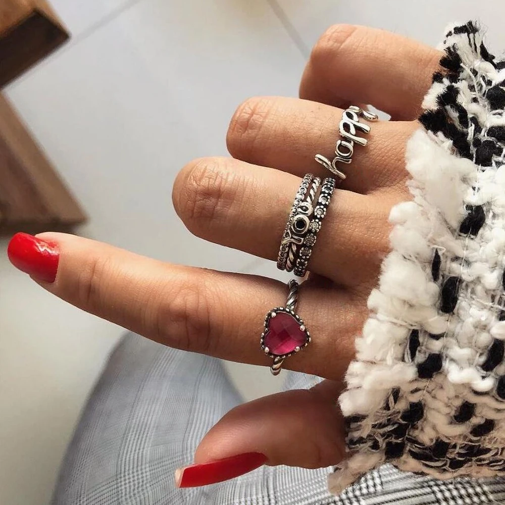 

5 Pcs/set New Boho Rings Set Trendy 2021 Personality Irregular Happy You Letter Silver Ring For Women Grunge Jewelry Wholesale