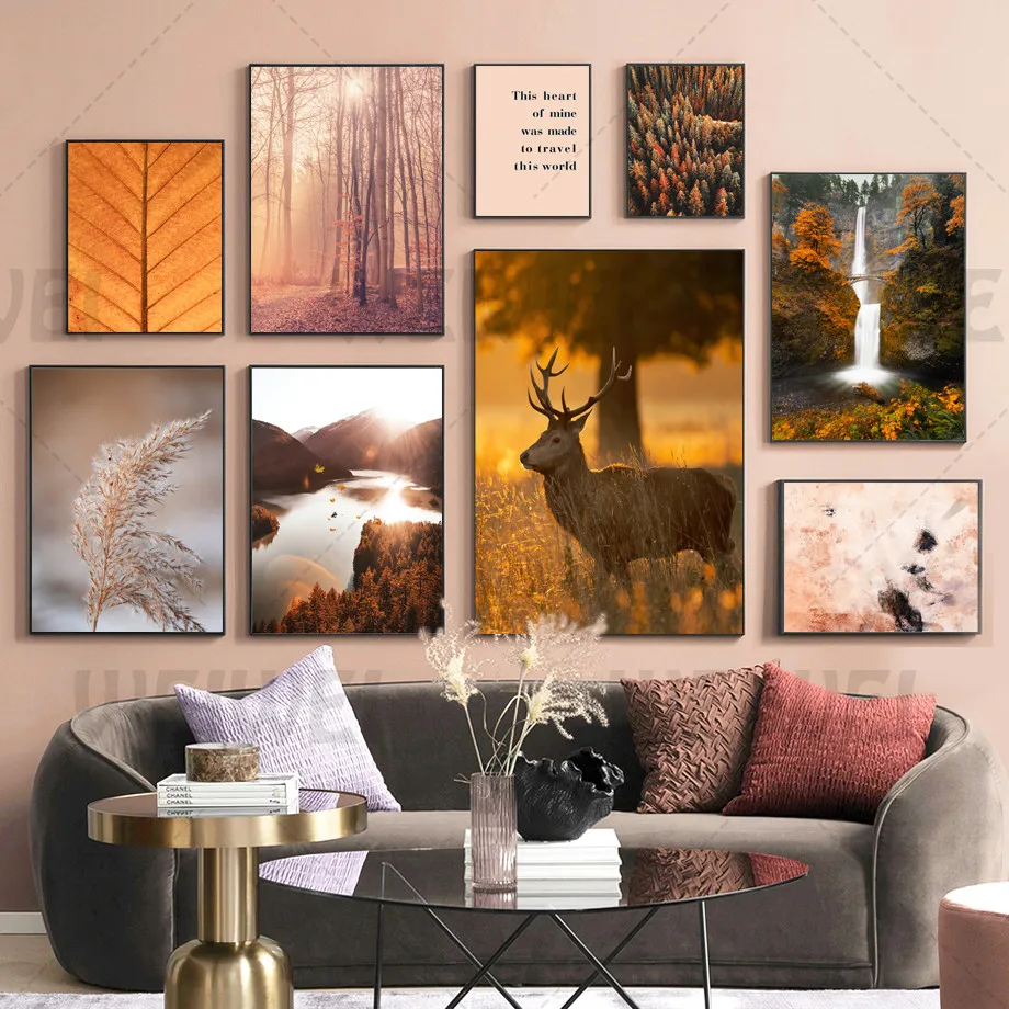 

Autumn Landscape Home Decoration Painting Forest Elk Lake Reed Living Room Wall Canvas Poster Leaf Vein Simple Bedroom Print