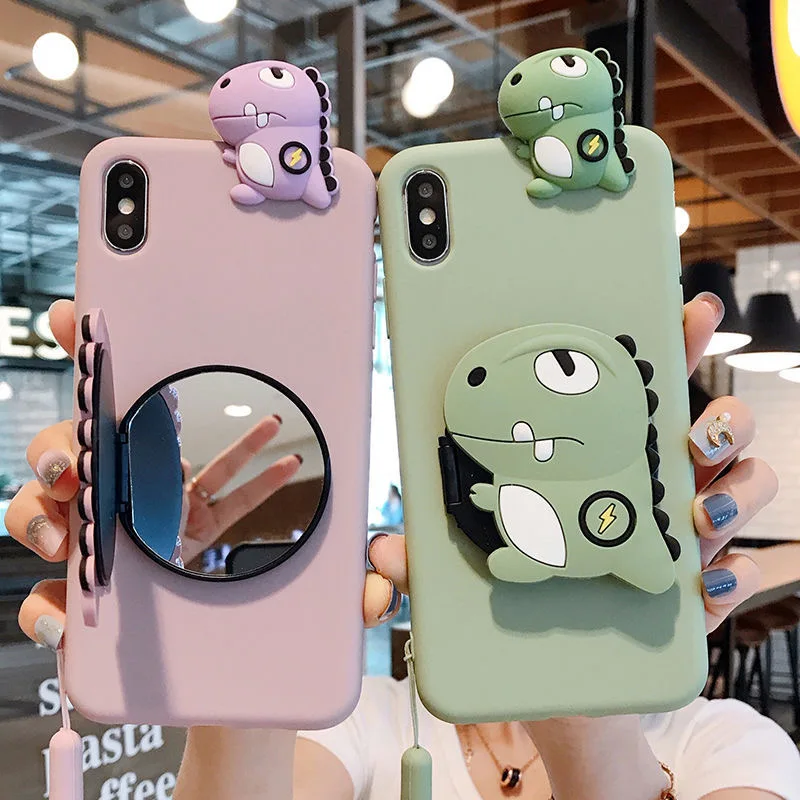 3D Cartoon dinosaur Mirror Case For Xiaomi Mi POCO X3 NFC Stand Phone Cover Redmi Note 8 Pro 9A 9C 9S 8T 7 K20 K30 7A 8A Note 10 xiaomi leather case color