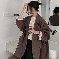 houzhou vintage brown blazer women elegant official ladies autumn fashion long sleeve oversized chic casual jacket all match