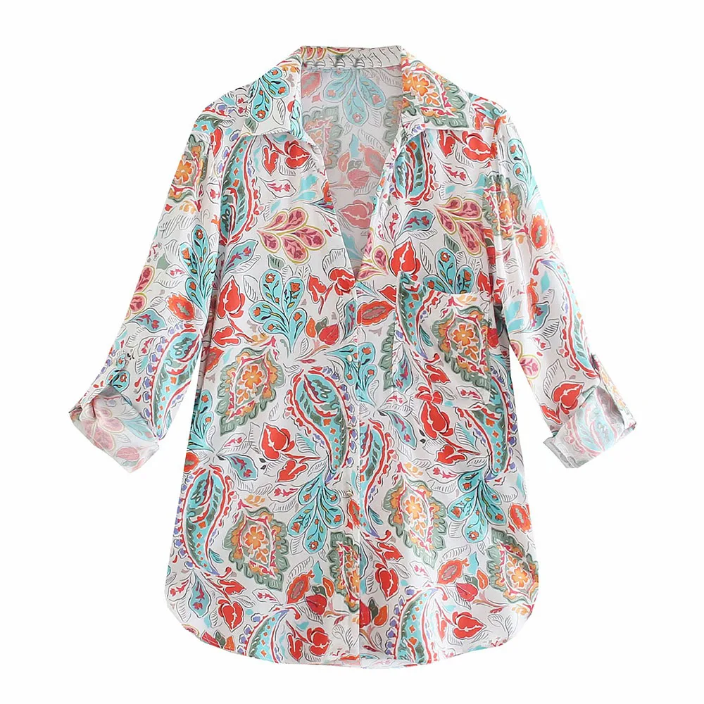 

Женская Свободная блузка ZA, однобортная блузка в европейском и американском стиле с цветочным принтом, с лацканами и цветными вставками