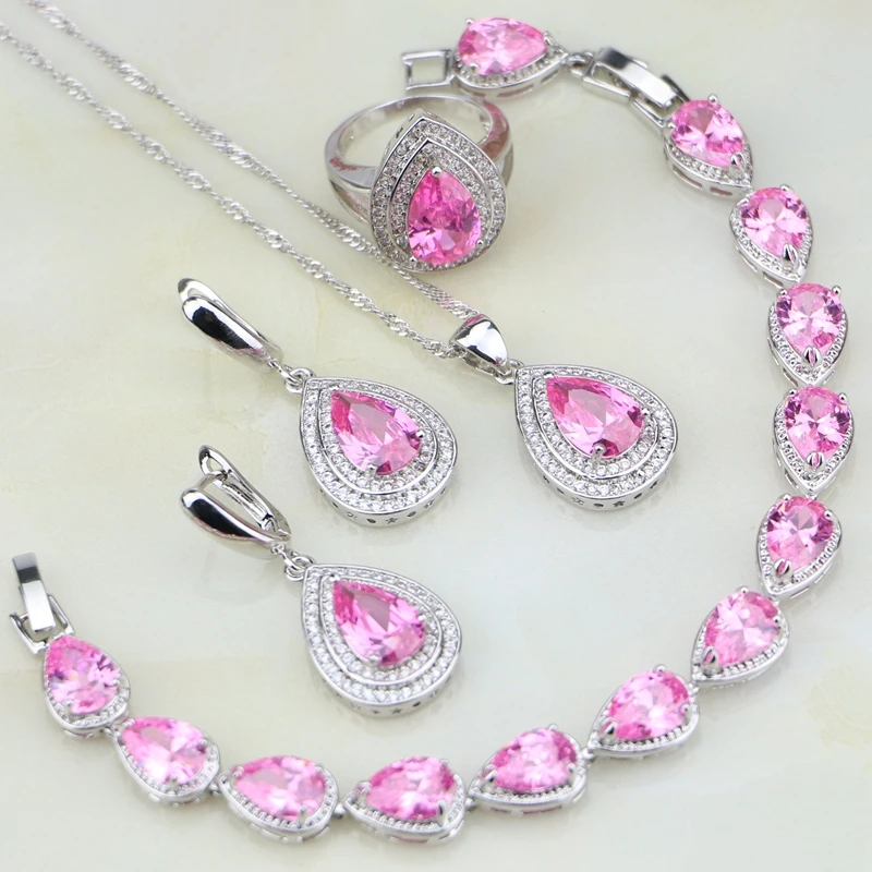 

Water Drop Pink Cubic Zirconia White CZ 925 Sterling Silver Jewelry Sets For Women Wedding Earrings/Pendant/Necklace/Bracelet