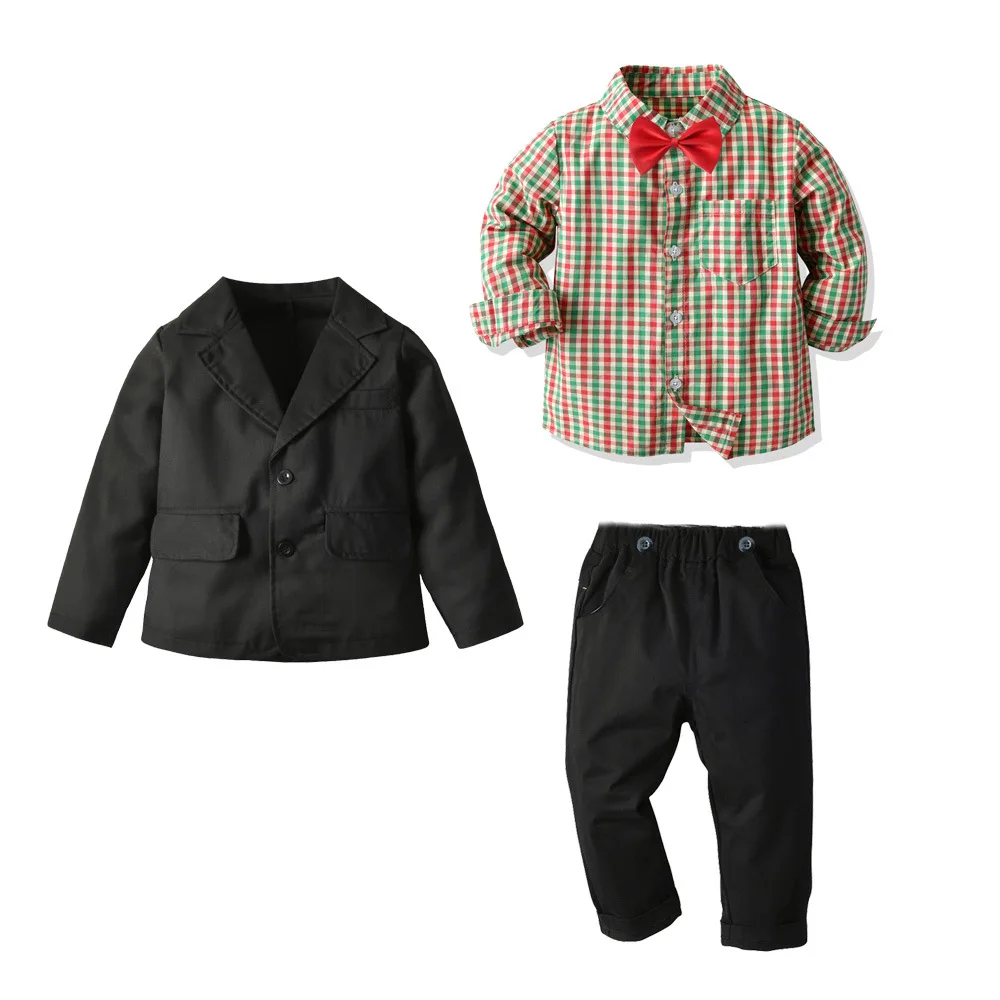 

Boys Autumn and Winter Clothes Jacket Bow Tie Plaid Shirt Pants Gentleman Clothes Children Jacket+Shirt+Pants 3Pcs Clothes Suit