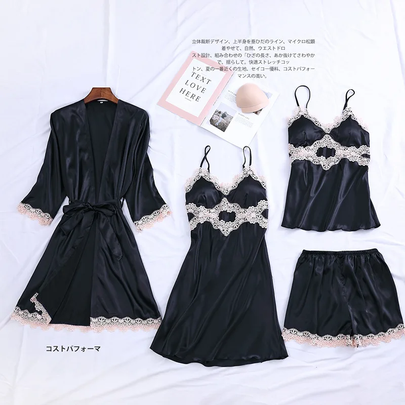 

2020 Summer Autumn Women Silk Pajamas Sets With Chest Pads Pijama Sleepwear 4 Pieces Spaghetti Strap Satin Pyjamas