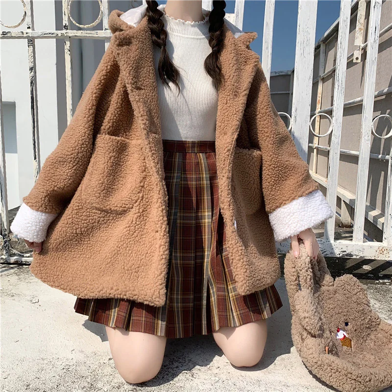 Kawaii Girl Winter Teddy Jacket Women Cute College Style Single Breasted Loose Thicken Warm Coat Fluffy Lamb Faux Fur Overcoat