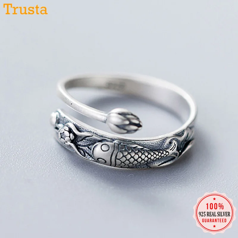Trustdavis, 925 пробы, серебряное, Ретро стиль, Ретро стиль, рыба, Открытое кольцо, этнические, карп, Cyprinoid, для плавания, под цветок лотоса, ювелирные изделия DA448
