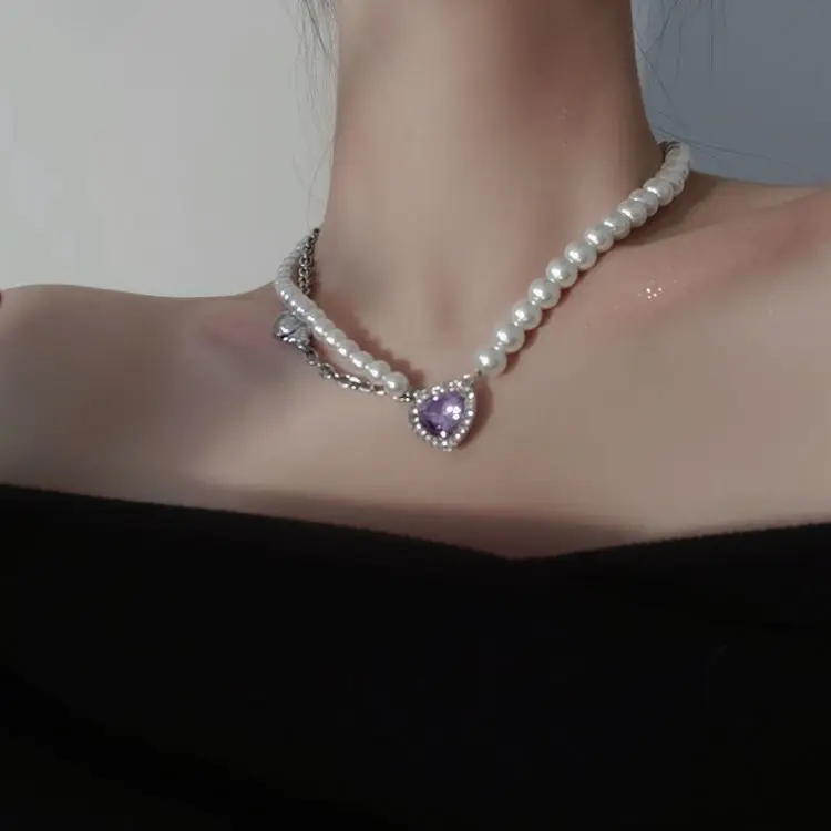 

Fashion Necklaces 2021 Vintage Pearl Necklaces for Women Goth Red Heart Pendant Choker Neck Aesthetic Chain Accessories Jewelry