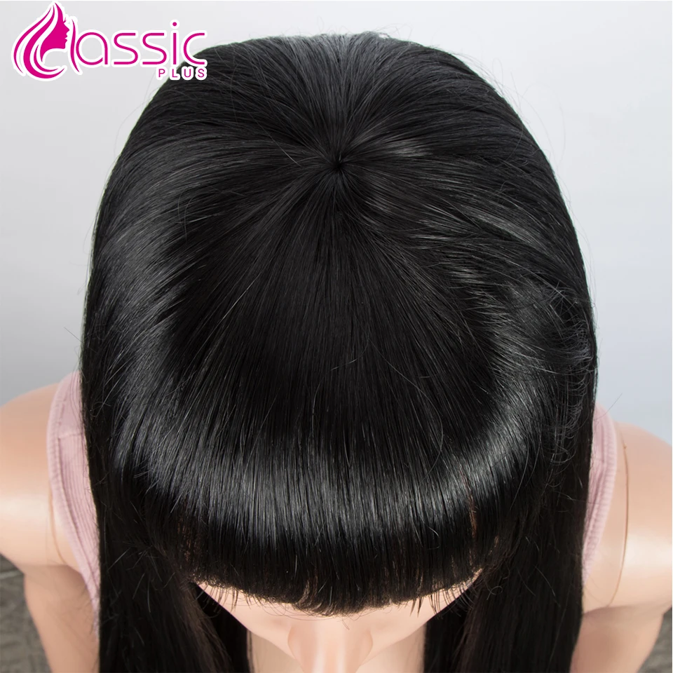 

Classic Plus 32 Inch Long Straight Wig with Bang for Black Women Natural Black Synthetic Wigs Heat Resistant for Cosplay wigs