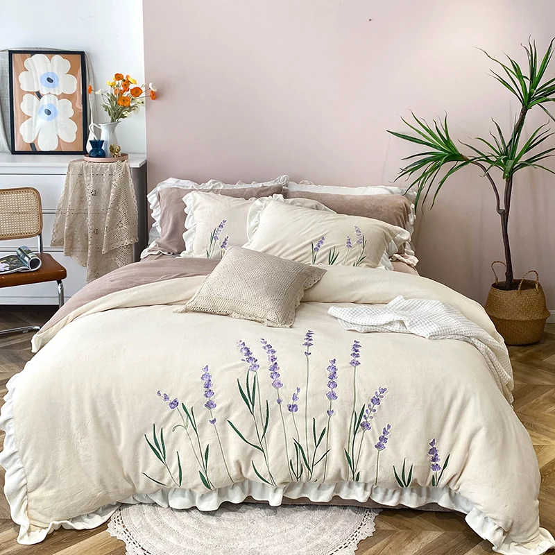Winter Soft Velvet Fleece Lavender Embroidery Princess Bedding Set Shaggy Quilt/Duvet Cover Bedspread Bed Linen Pillowcases 4Pcs