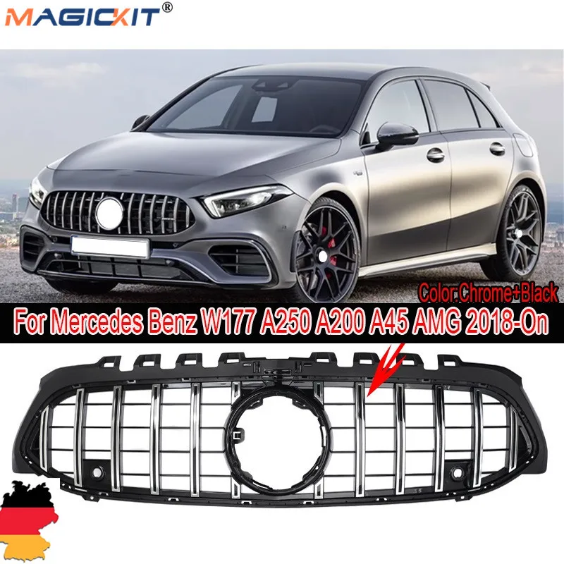 Черный + хромированный передний гриль MagicKit в стиле GTR для Mercedes Benz W177 A250 A200 A45 AMG с