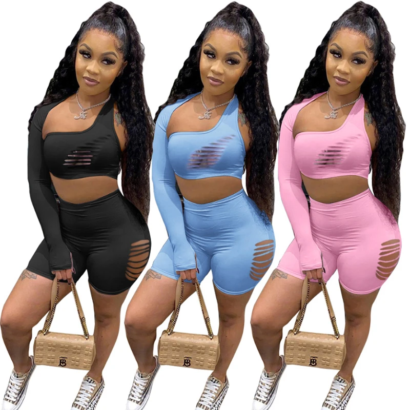 

Women Solid Two Piece Tracksuit One Shoulder Irregular Long Sleeve Hollow Out Crop Top And Casual Shorts Sporting Outfits