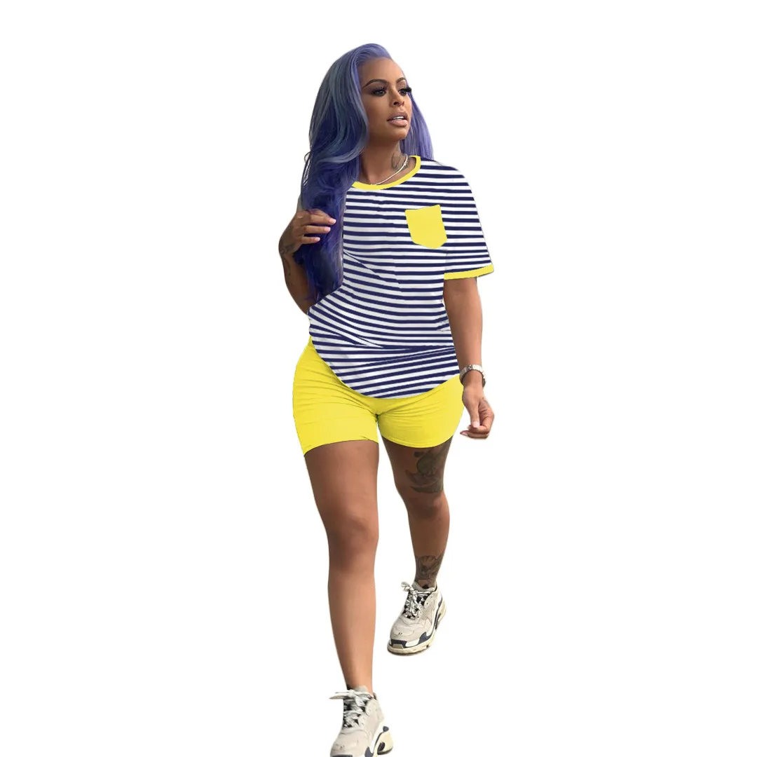 

FNOCE Cross-border Foreign Trade Women's summer New Style Fashion Stripe Printing Casual Sports Two-piece Suit Women Shorts