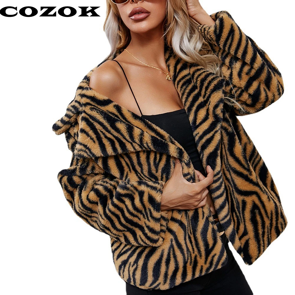 

COZOK 2021 New Autumn Winter Long Sleeve Casual Leopard Women Jackets Thick Fur Coats Loose Woman Jacket Fashion Zebra Outerwars