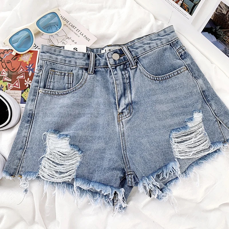 

Distressed hole retro blue high waist loose all-match denim shorts