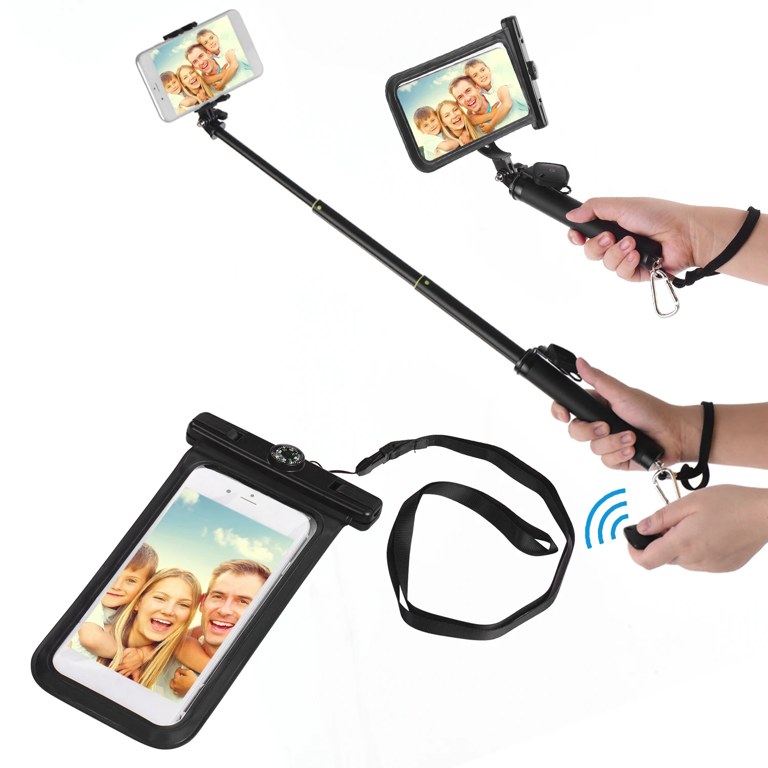 Waterproof Dry Bag Cell Phone Pouch Case &amp Extendable Selfie Stick with BT Remote Control Lanyard for Swimming Diving Travel |