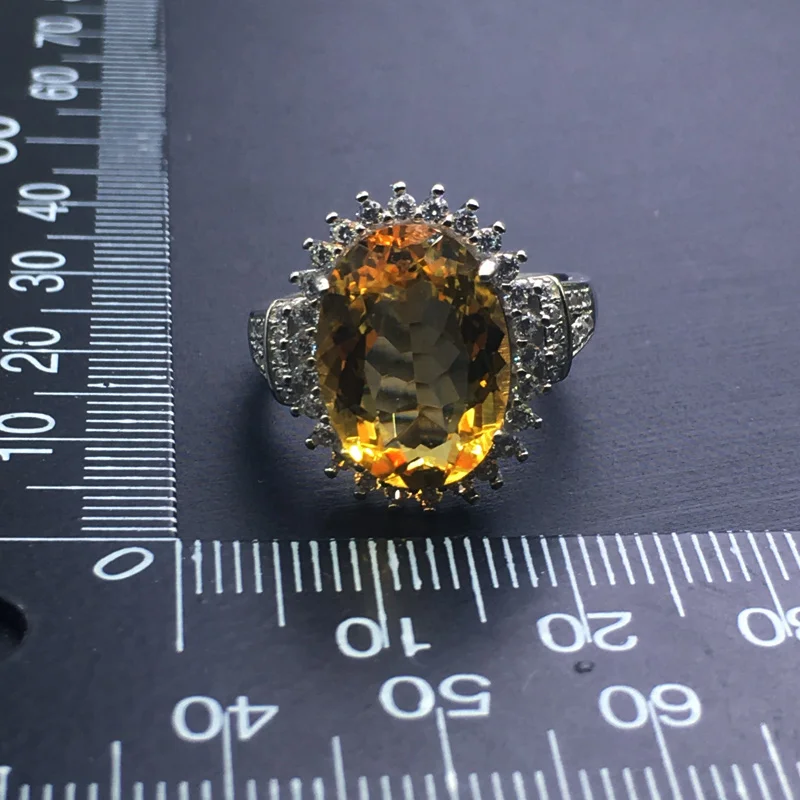 Кольца женские регулируемые из серебра 925 пробы с желтым кварцем 10 х14 мм CSJ для