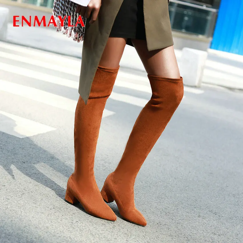 

ENMAYLA 2019 Stretch Fabric Over-the-Knee Boots Faux Suede Slim Boots Slip-On Pointed Toe Fashion Thigh High Boots Size 34-43
